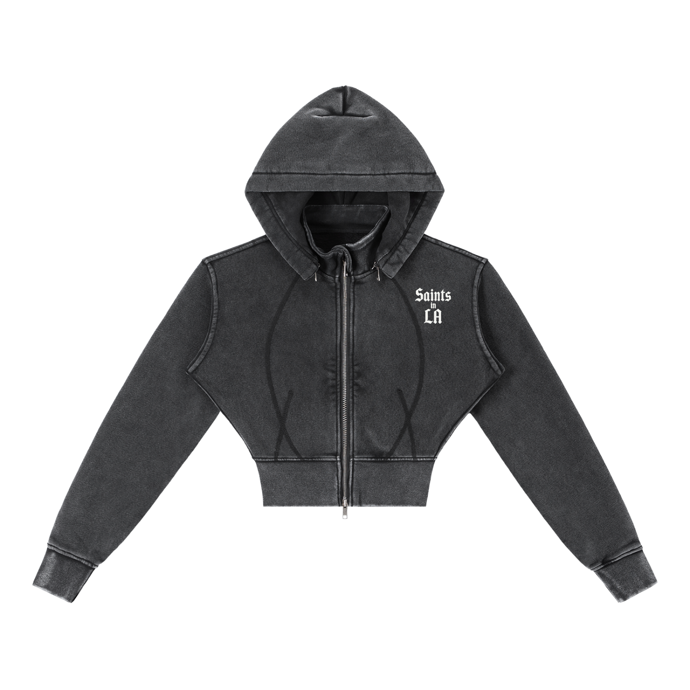 SAINTS IN LA Midnight Noir Cropped Zip Hoodie – White Gothic Logo