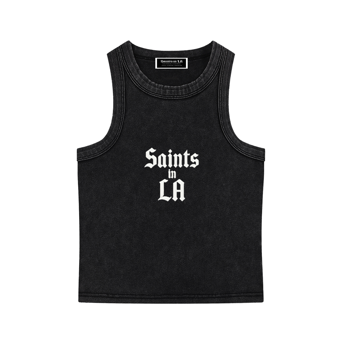 SAINTS IN LA Midnight Noir Cropped Tank –Gothic Logo