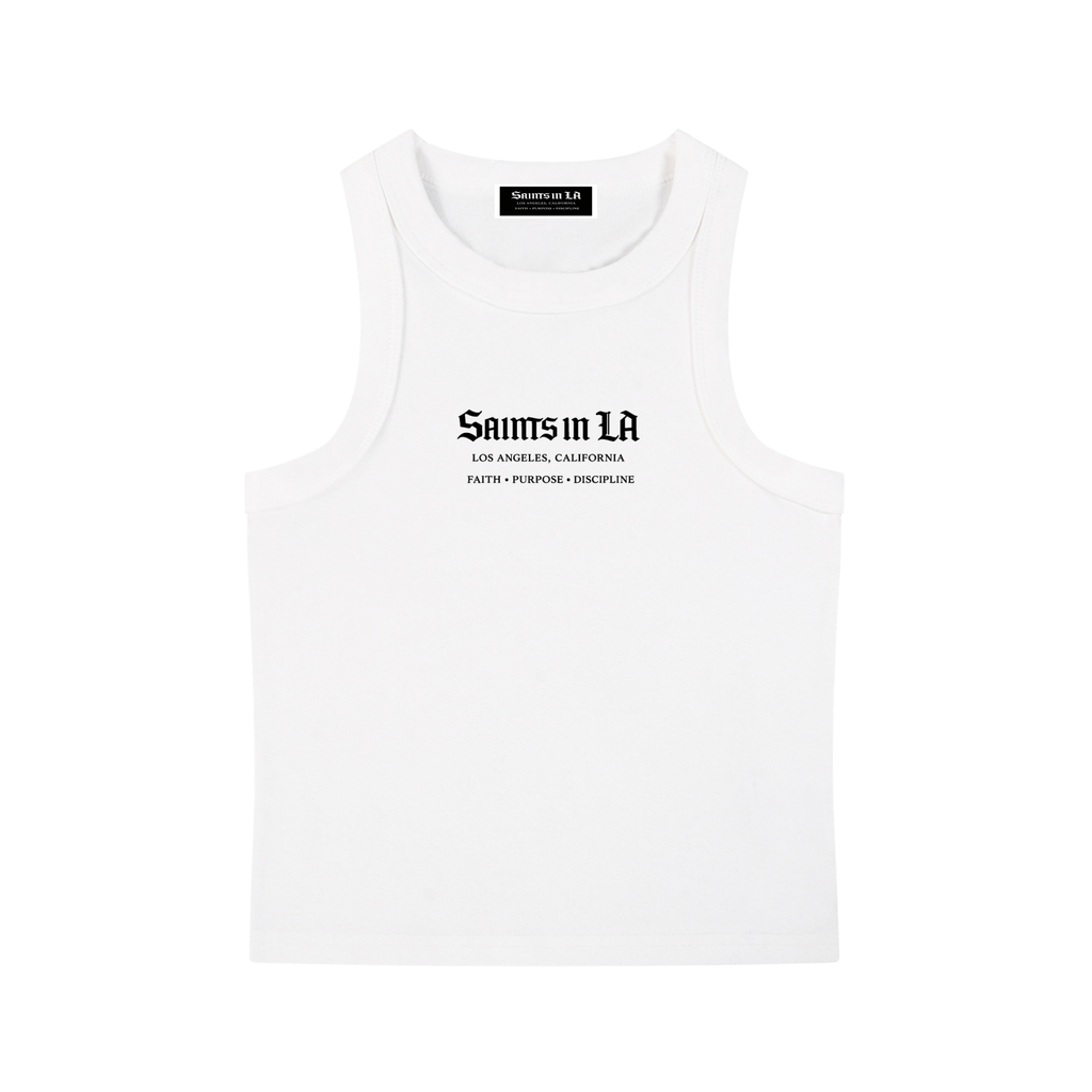 SAINTS IN LA White Luxe Cropped Tank – Black Gothic Logo