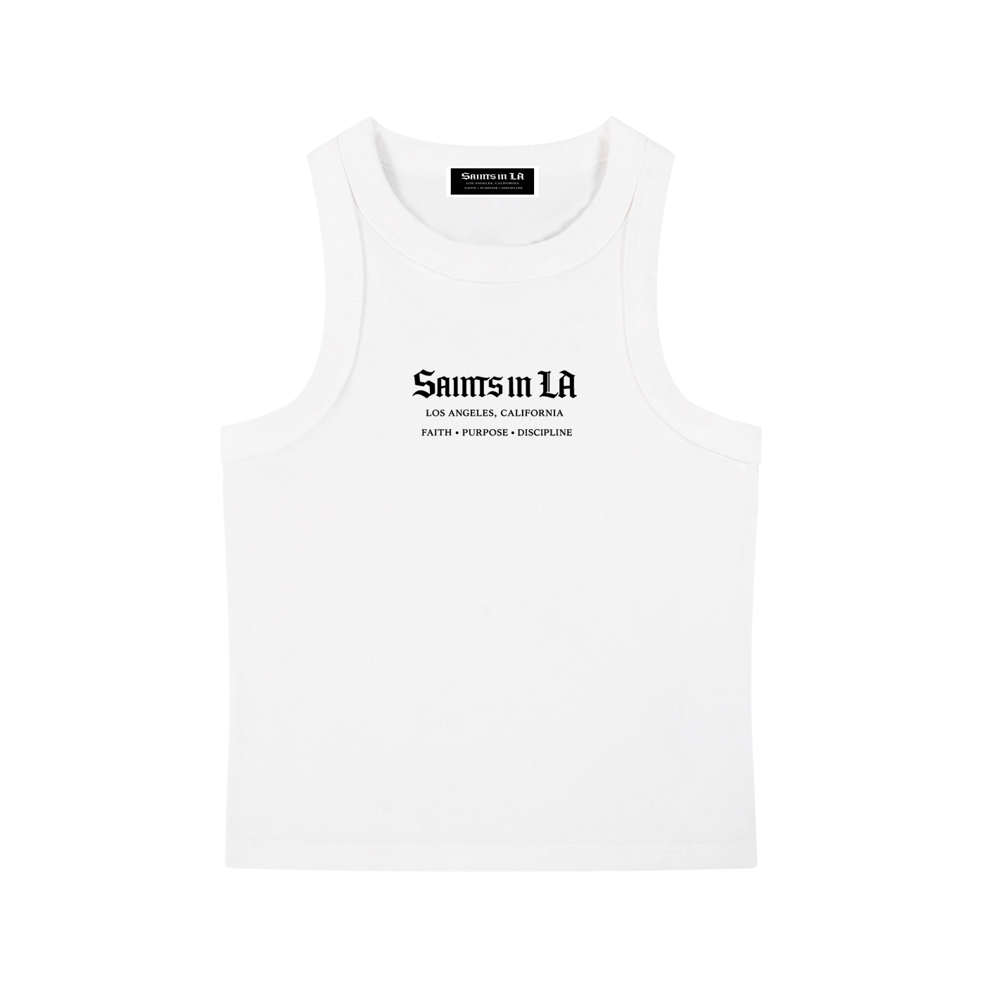 SAINTS IN LA White Luxe Cropped Tank – Black Gothic Logo