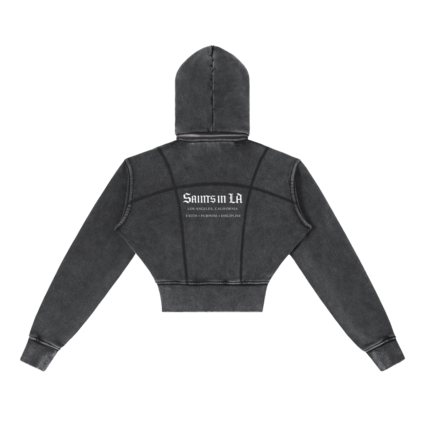 SAINTS IN LA Midnight Noir Cropped Zip Hoodie – White Gothic Logo