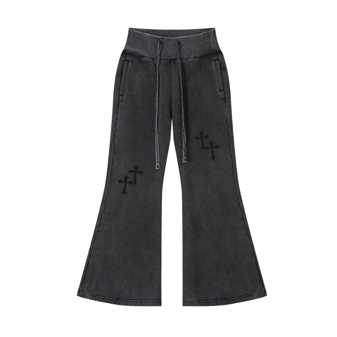 SAINTS IN LA Midnight Noir Flare Sweatpants – Black Gothic Cross Detail
